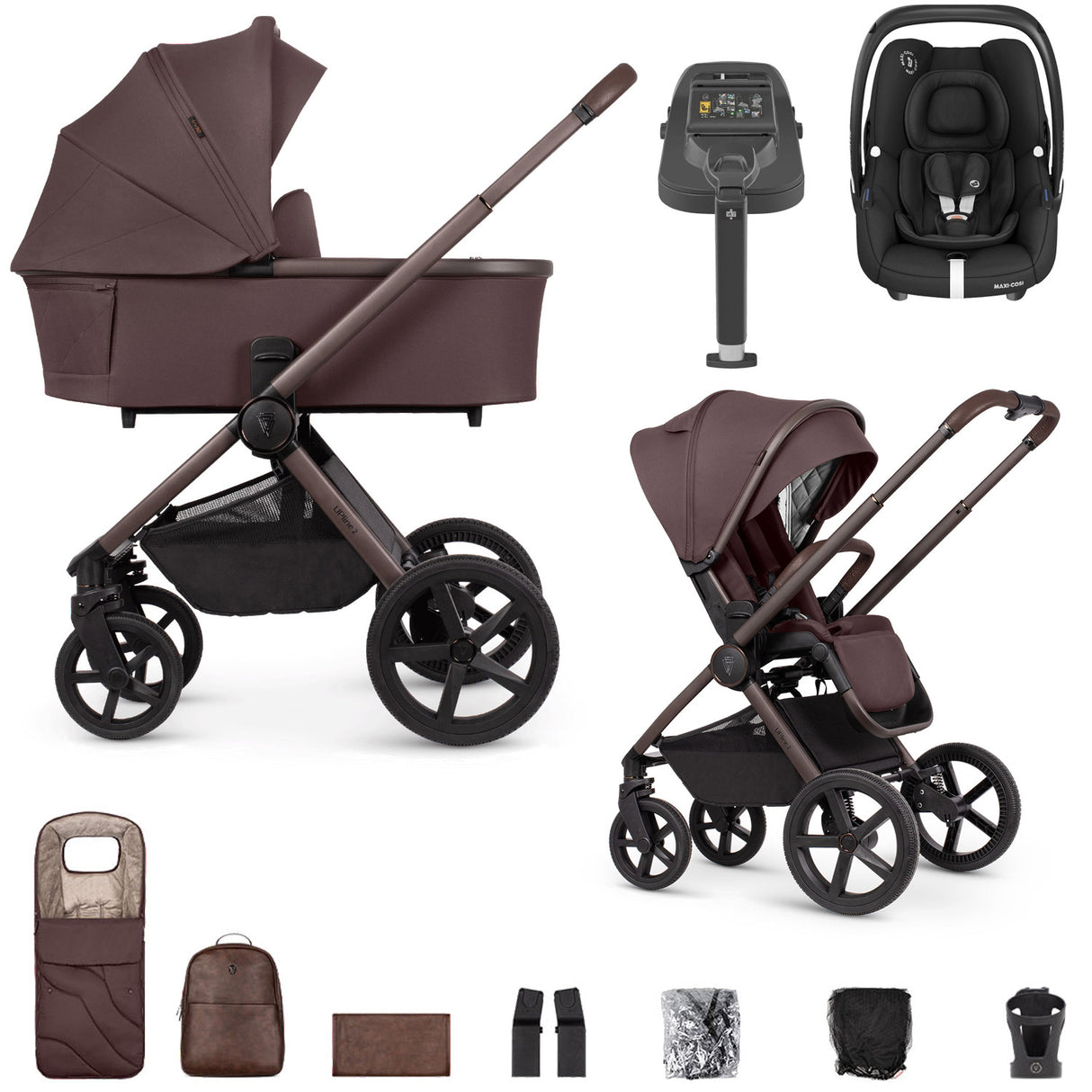 Venicci Upline 2 SE with Maxi-Cosi Cabriofix i-Size & Base Travel System Bundle - Burgundy