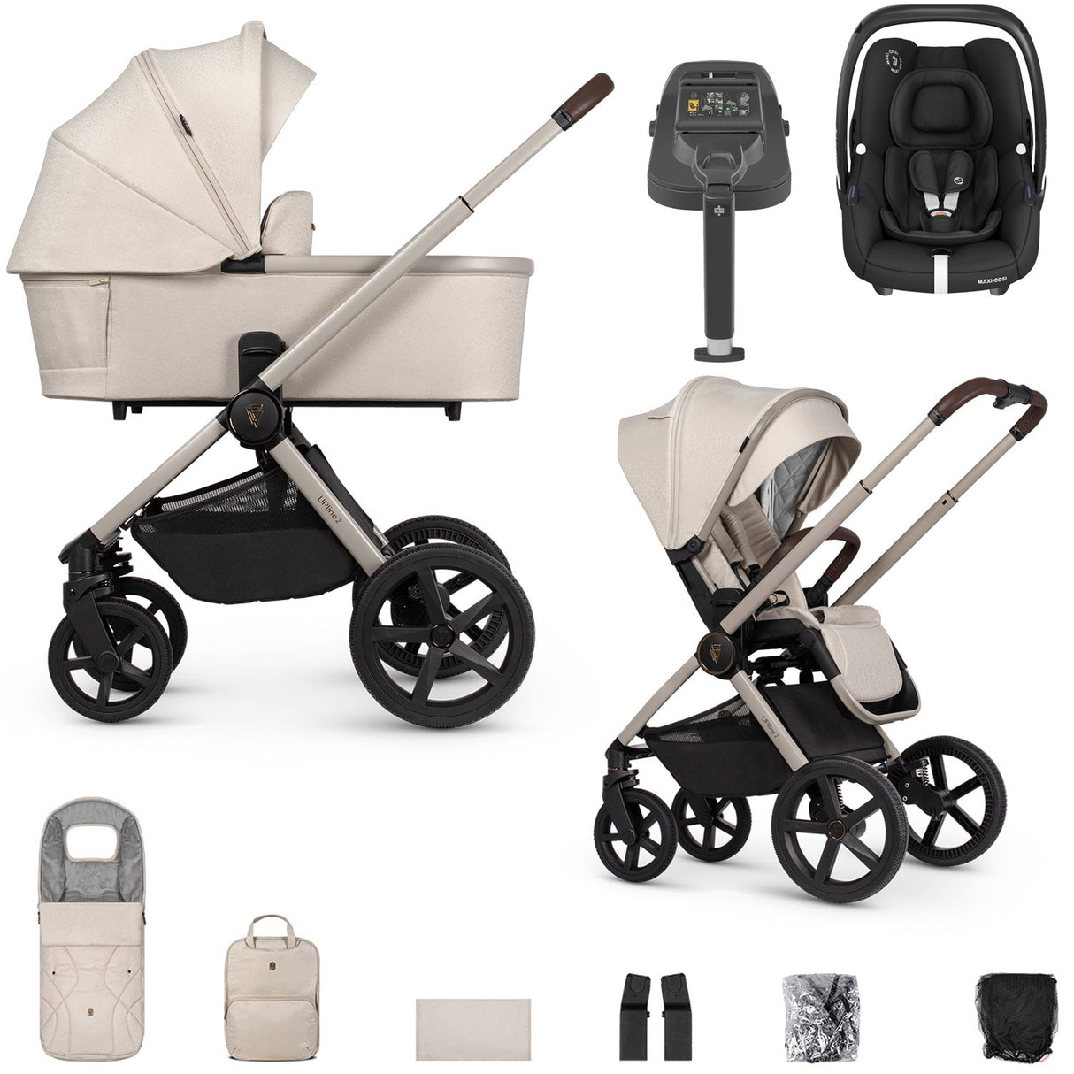 Venicci Upline 2 with Maxi-Cosi Cabriofix i-Size & Base Travel System Bundle - Stone Beige