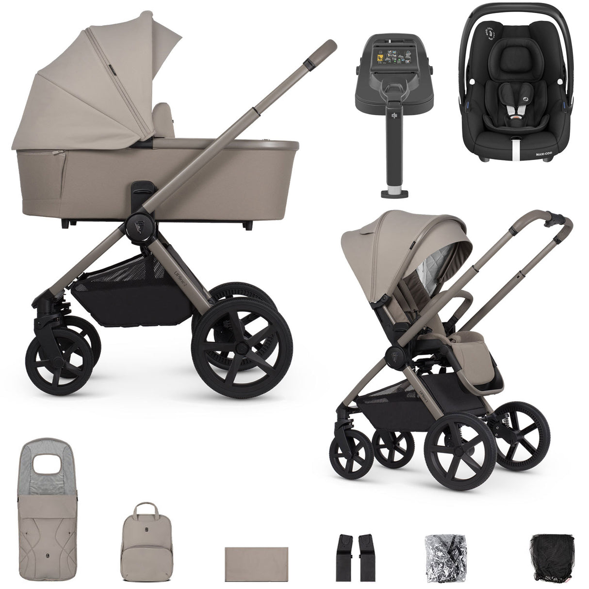 Venicci Upline 2 with Maxi-Cosi Cabriofix i-Size & Base Travel System Bundle - Taupe