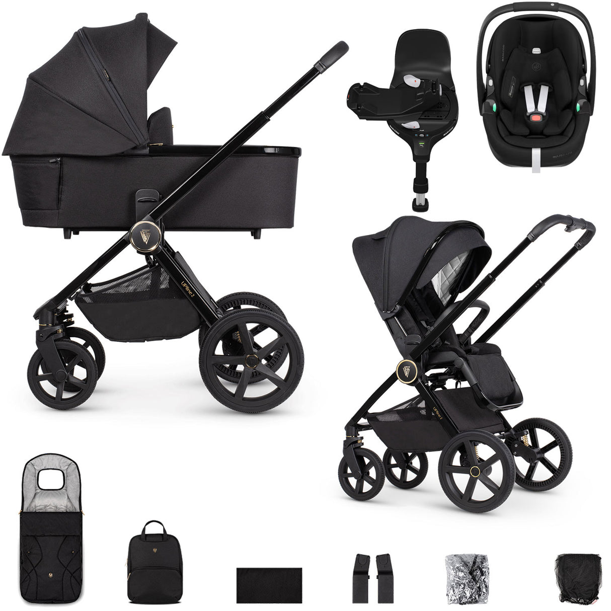 Venicci Upline 2 with Maxi-Cosi Pebble 360 Pro2 & Base Travel System Bundle - All Black