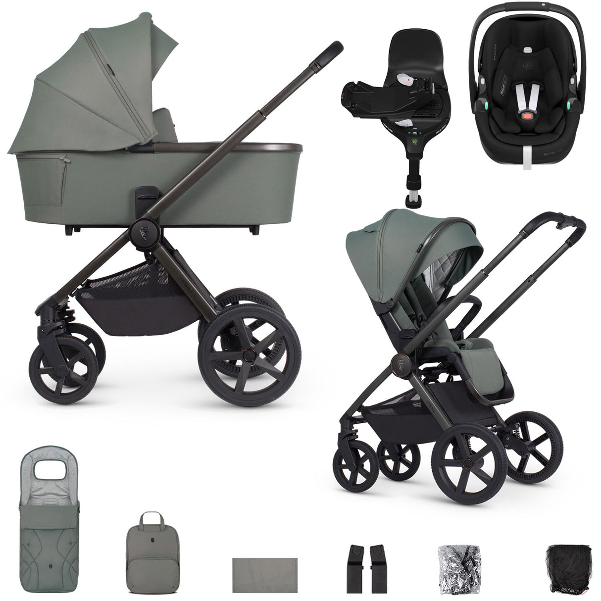 Venicci Upline 2 with Maxi-Cosi Pebble 360 Pro2 & Base Travel System Bundle - Aloe