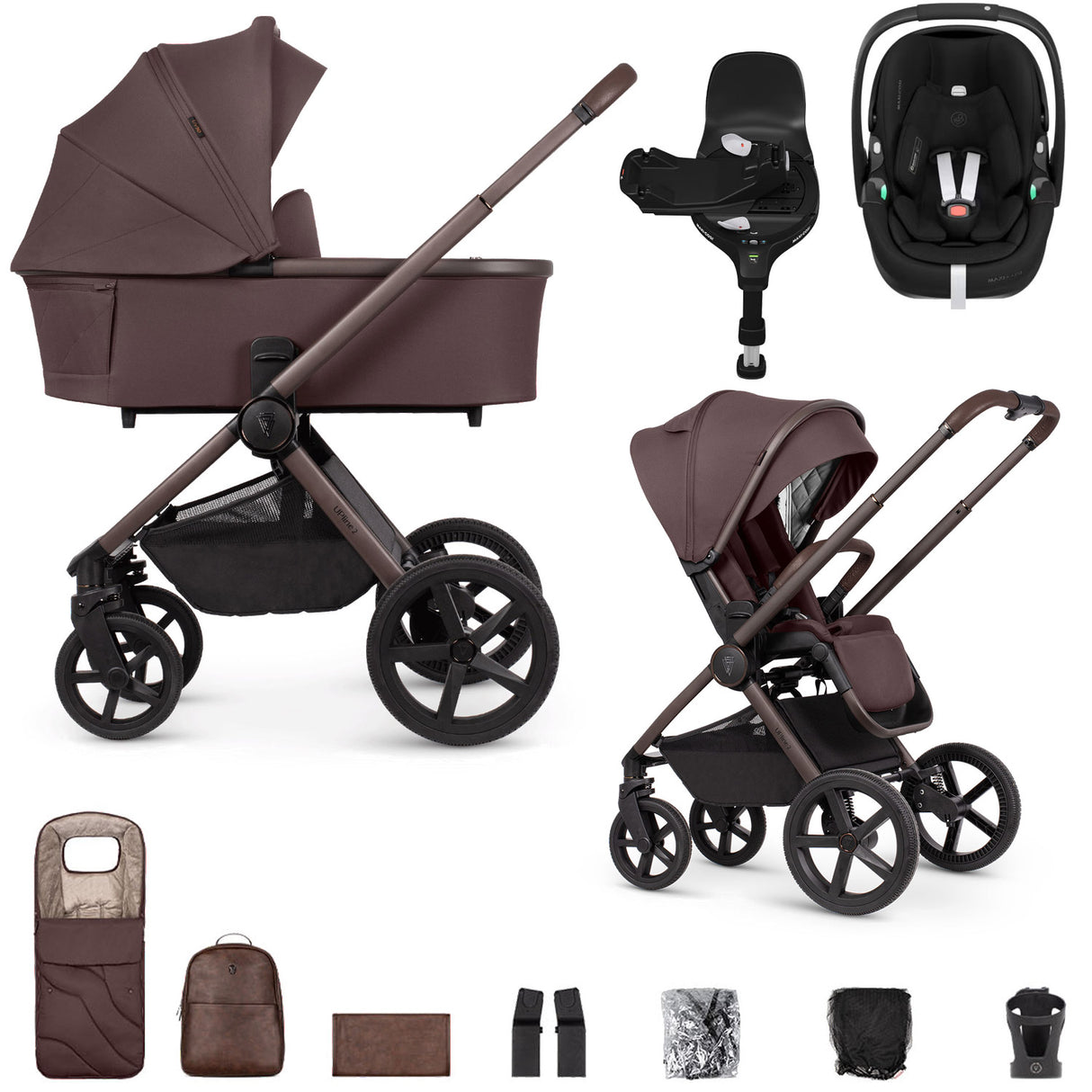 Venicci Upline 2 SE with Maxi-Cosi Pebble 360 Pro2 & Base Travel System Bundle - Burgundy