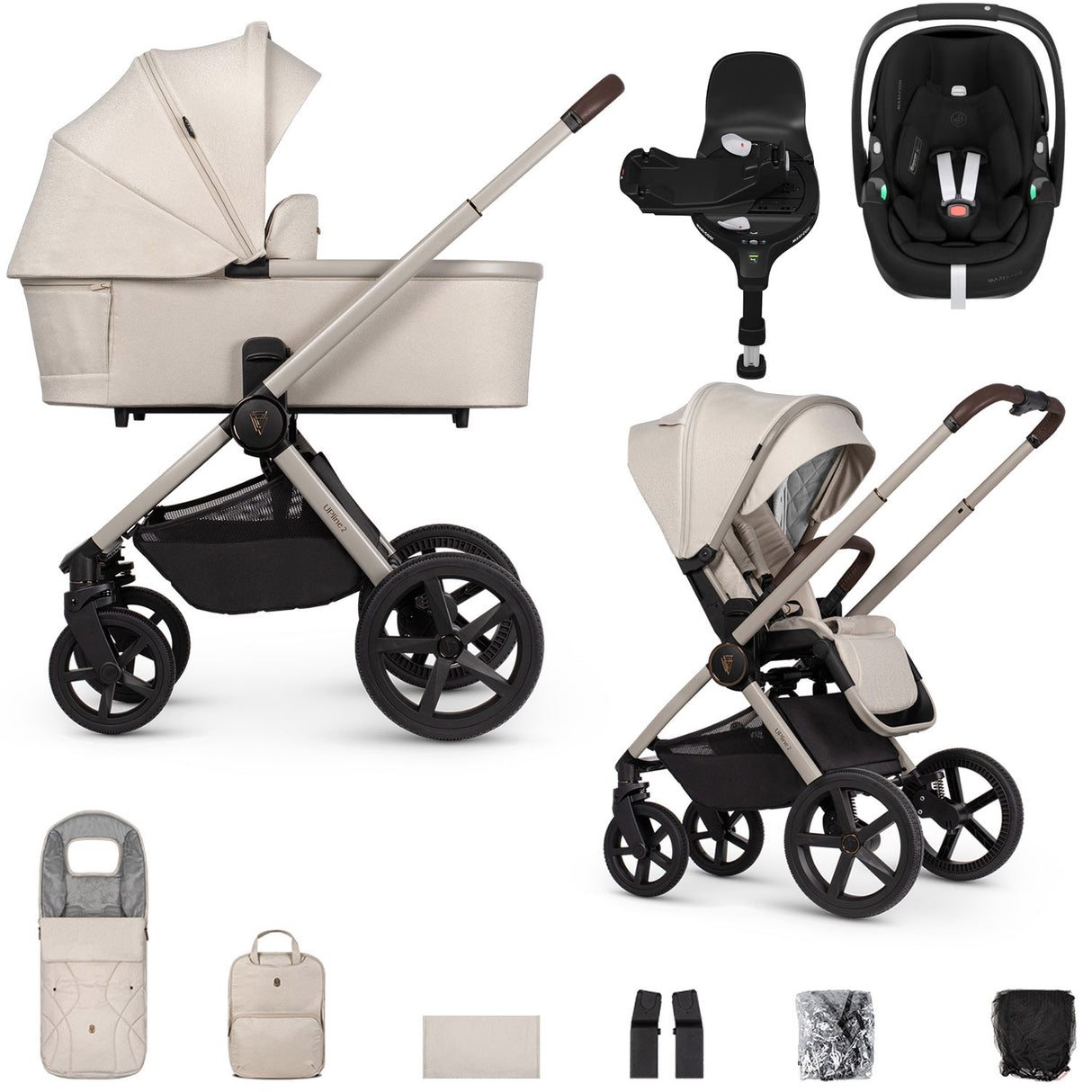 Venicci Upline 2 with Maxi-Cosi Pebble 360 Pro2 & Base Travel System Bundle - Stone Beige