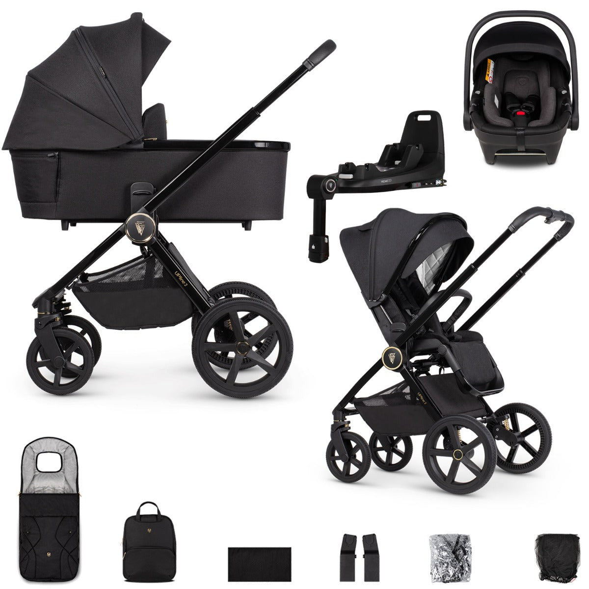 Venicci Upline 2 3-in-1 Tiago + 360 Base Travel System Bundle - All Black