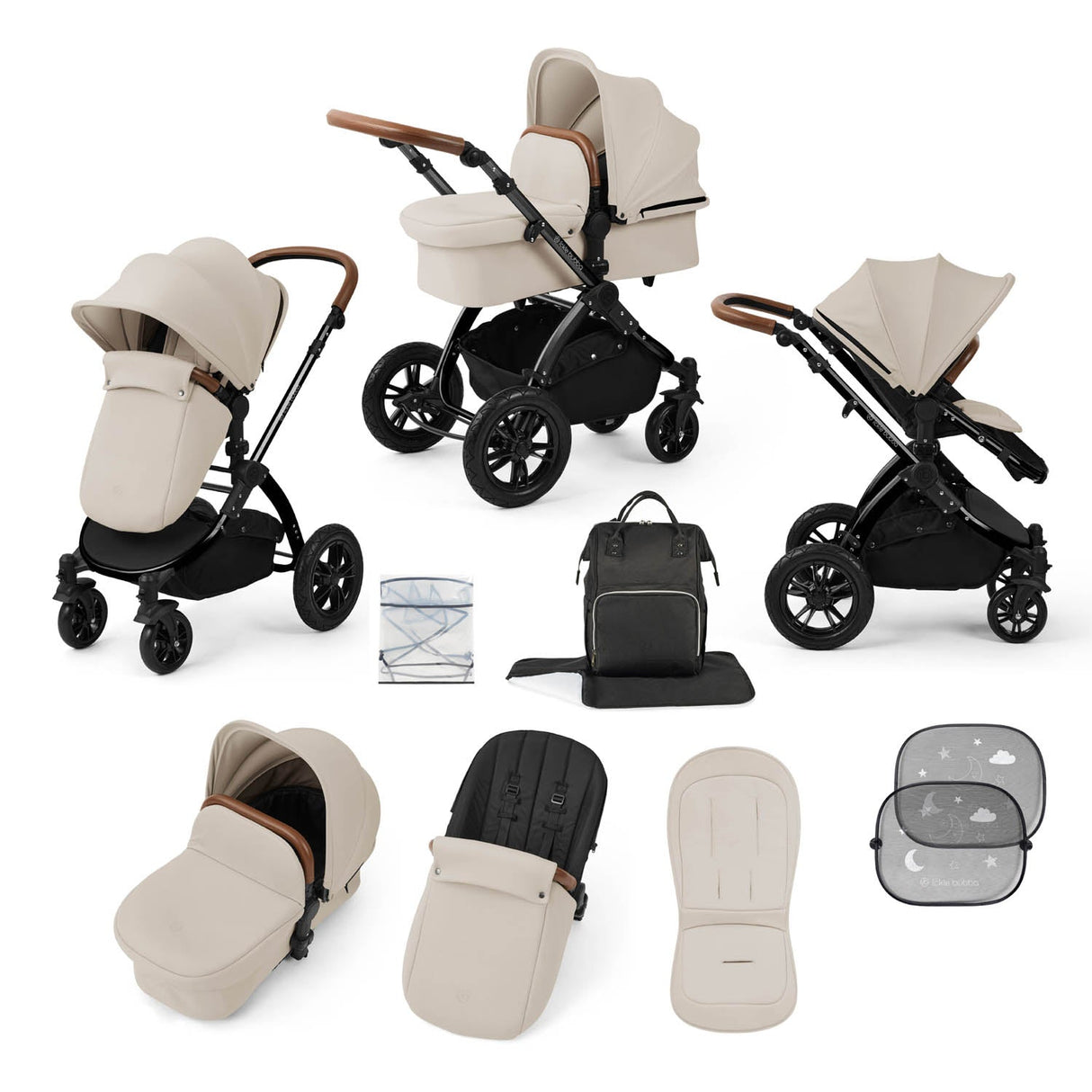 Ickle Bubba Stomp Luxe 9 Piece Pram Bundle - Black/Stone/Tan