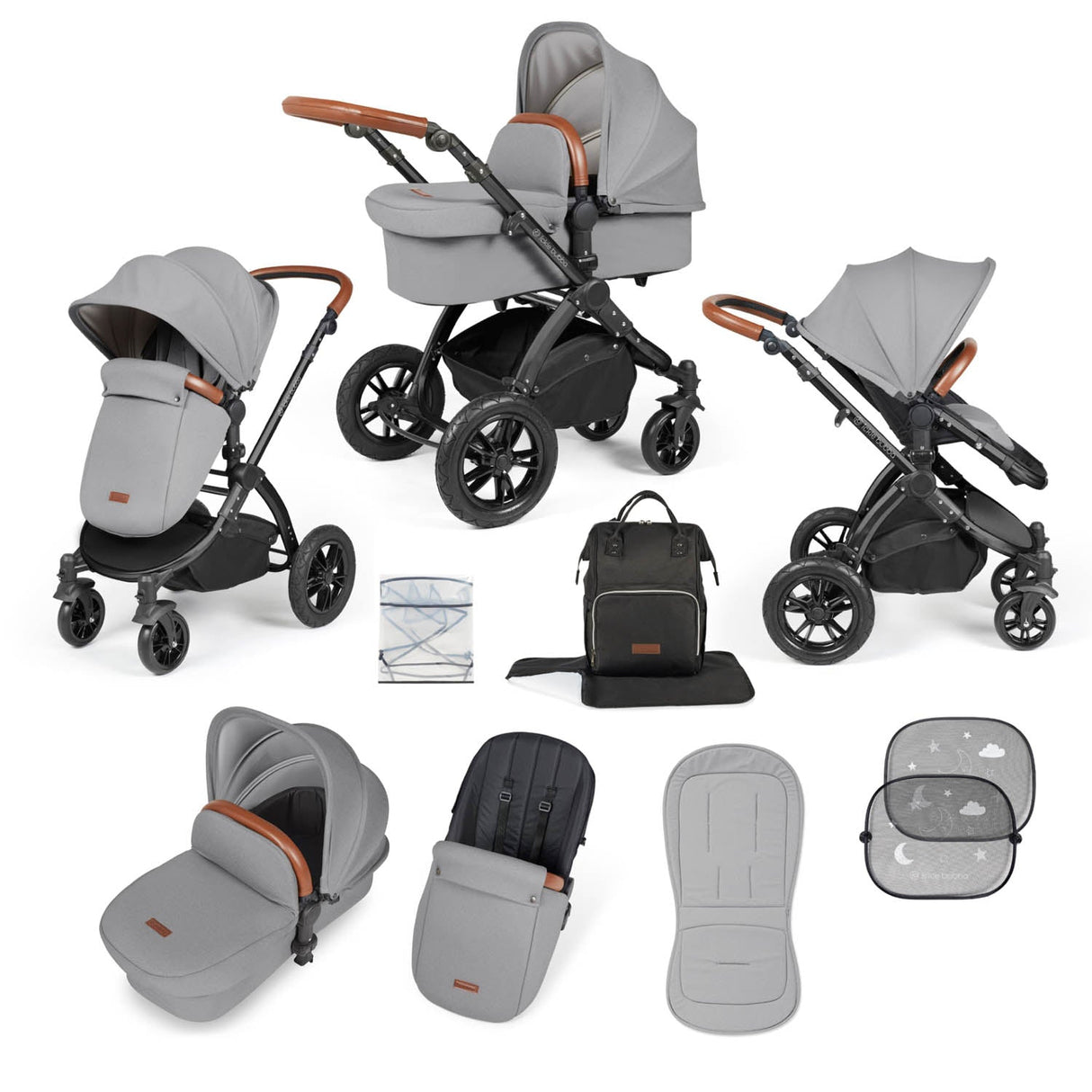 Ickle Bubba Stomp Luxe 9 Piece Pram Bundle - Black/Pearl Grey/Tan