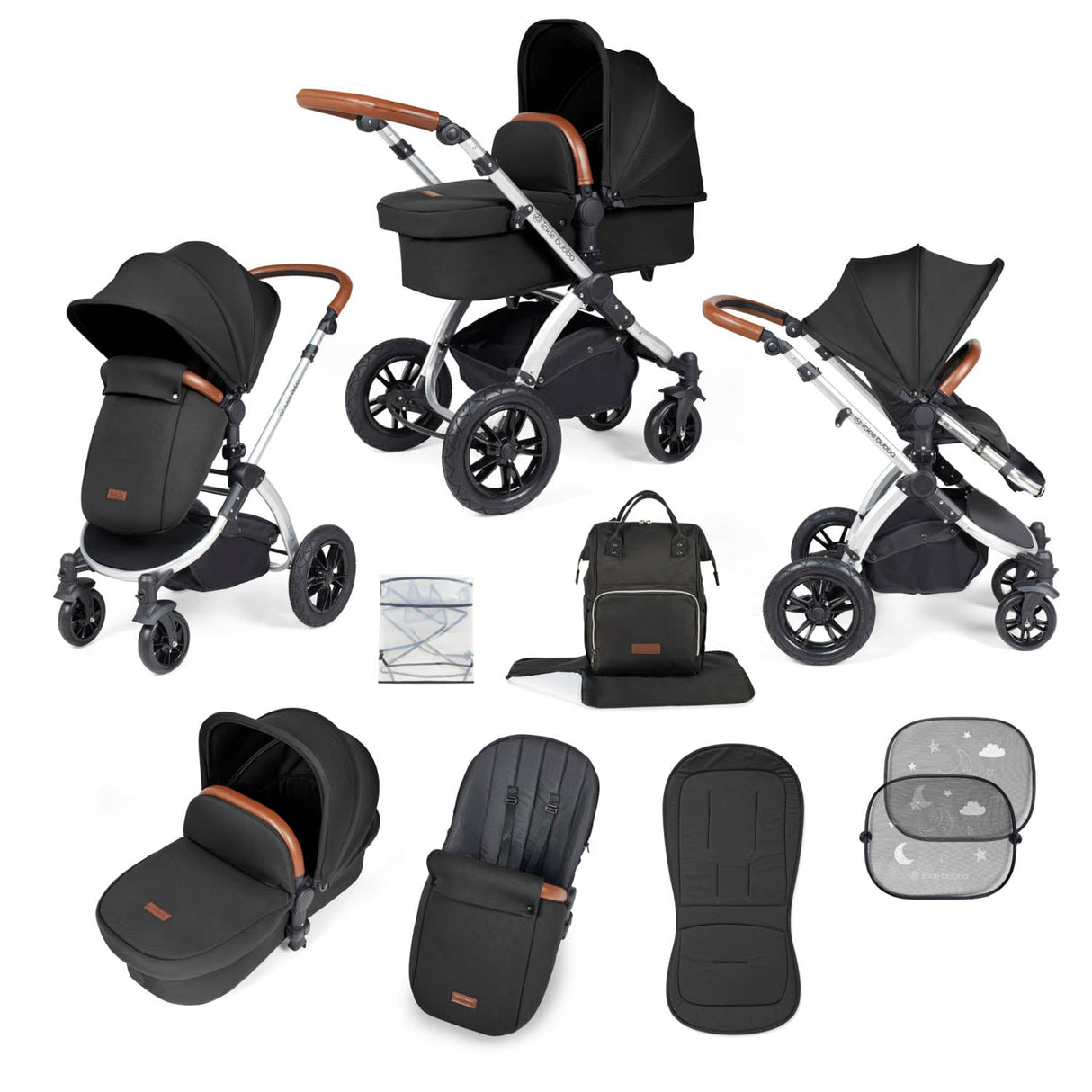 Ickle Bubba Stomp Luxe 9 Piece Pram Bundle - Silver/Midnight/Tan