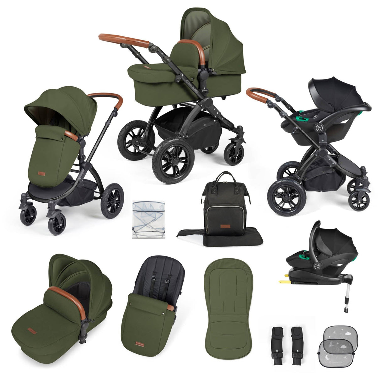 Ickle Bubba Stomp Luxe 12 Piece Travel System with i-Size Stratus Car Seat & Base - Black/Woodland/Tan