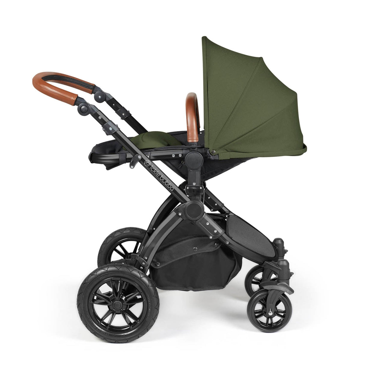 Ickle Bubba Stomp Luxe 12 Piece Travel System with i-Size Stratus Car Seat & Base - Black/Woodland/Tan