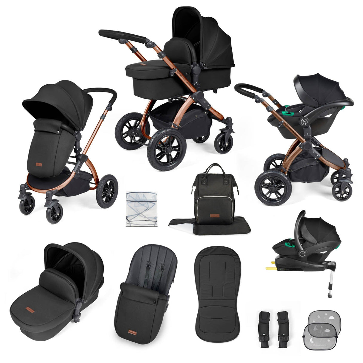 Ickle Bubba Stomp Luxe 12 Piece Travel System with i-Size Stratus Car Seat & Base - Bronze/Midnight/Black