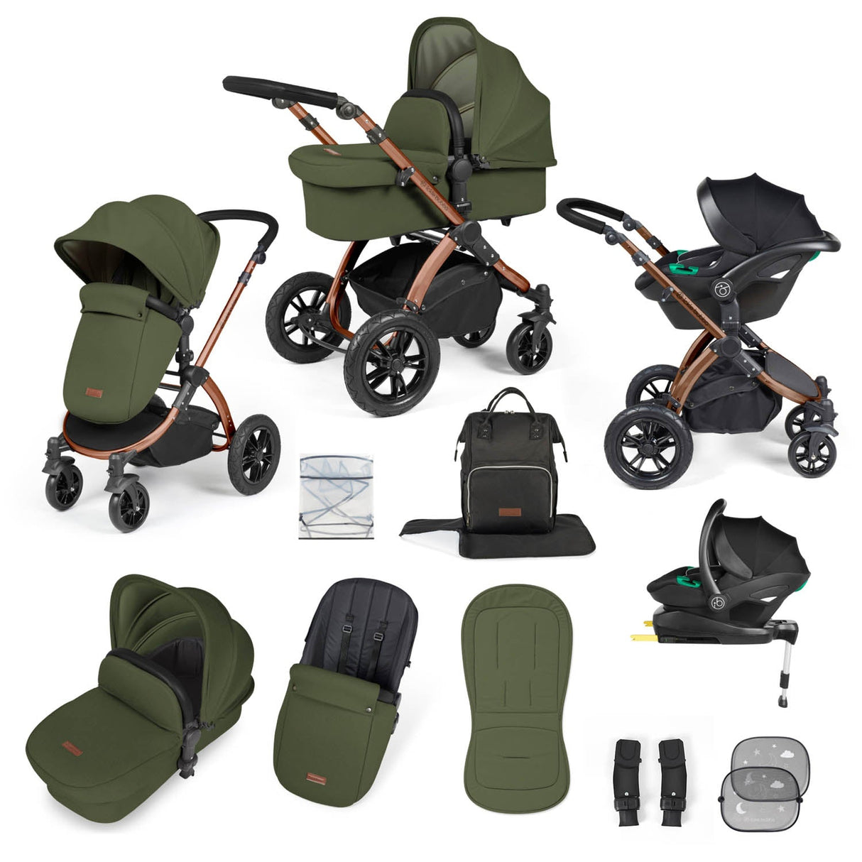 Ickle Bubba Stomp Luxe 12 Piece Travel System with i-Size Stratus Car Seat & Base - Bronze/Woodland/Black