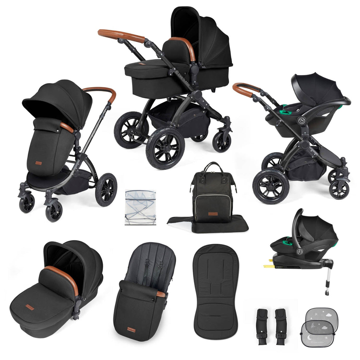 Ickle Bubba Stomp Luxe 12 Piece Travel System with i-Size Stratus Car Seat & Base - Black/Midnight/Tan