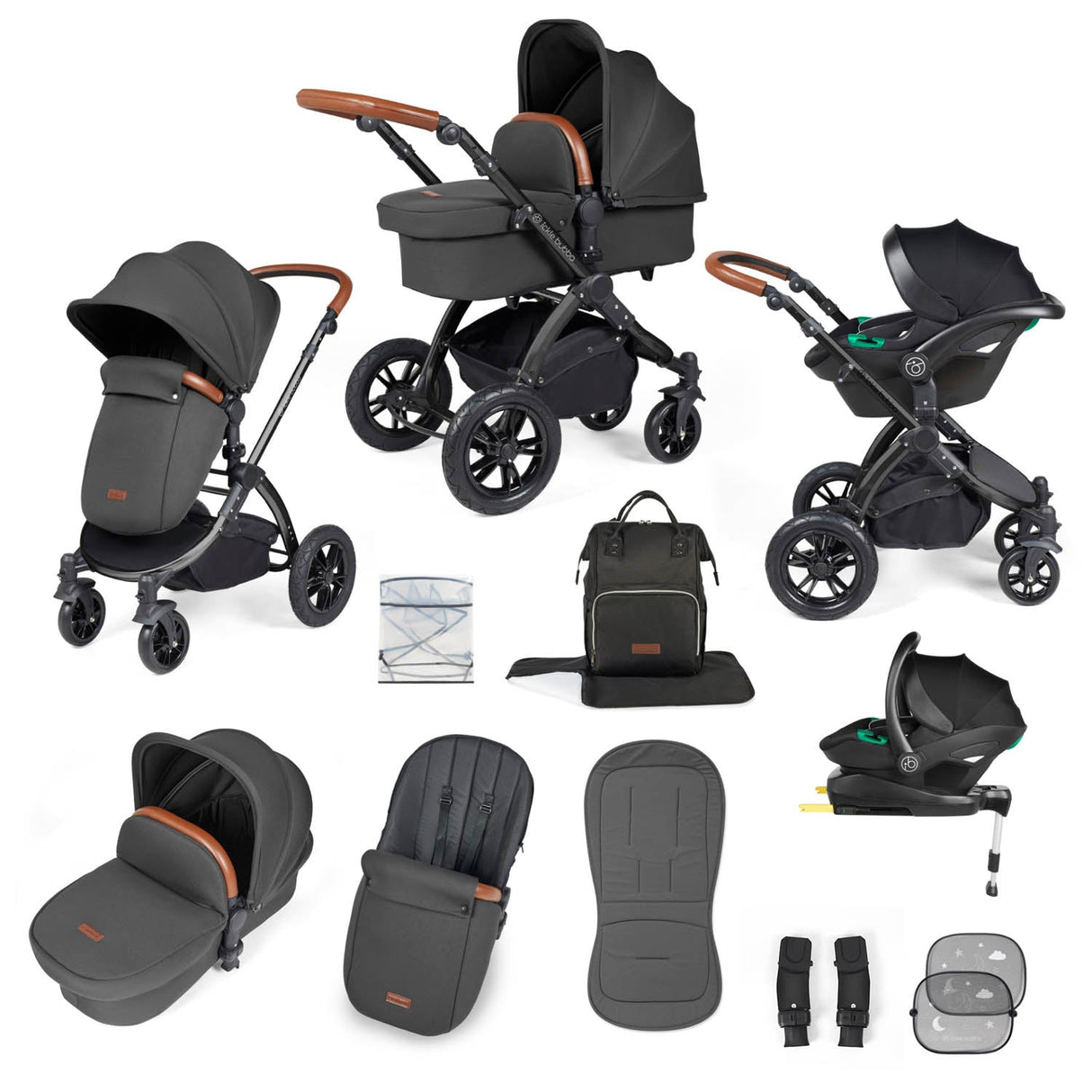 Ickle Bubba Stomp Luxe 12 Piece Travel System with i-Size Stratus Car Seat & Base - Black/Charcoal Grey/Tan