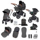 Ickle Bubba Stomp Luxe 12 Piece Travel System with i-Size Stratus Car Seat & Base - Black/Charcoal Grey/Tan