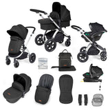 Ickle Bubba Stomp Luxe 12 Piece Travel System with i-Size Stratus Car Seat & Base - Silver/Midnight/Black