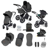 Ickle Bubba Stomp Luxe 12 Piece Travel System with i-Size Stratus Car Seat & Base - Silver/Charcoal Grey/Black