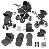 Ickle Bubba Stomp Luxe 12 Piece Travel System with i-Size Stratus Car Seat & Base - Silver/Charcoal Grey/Tan