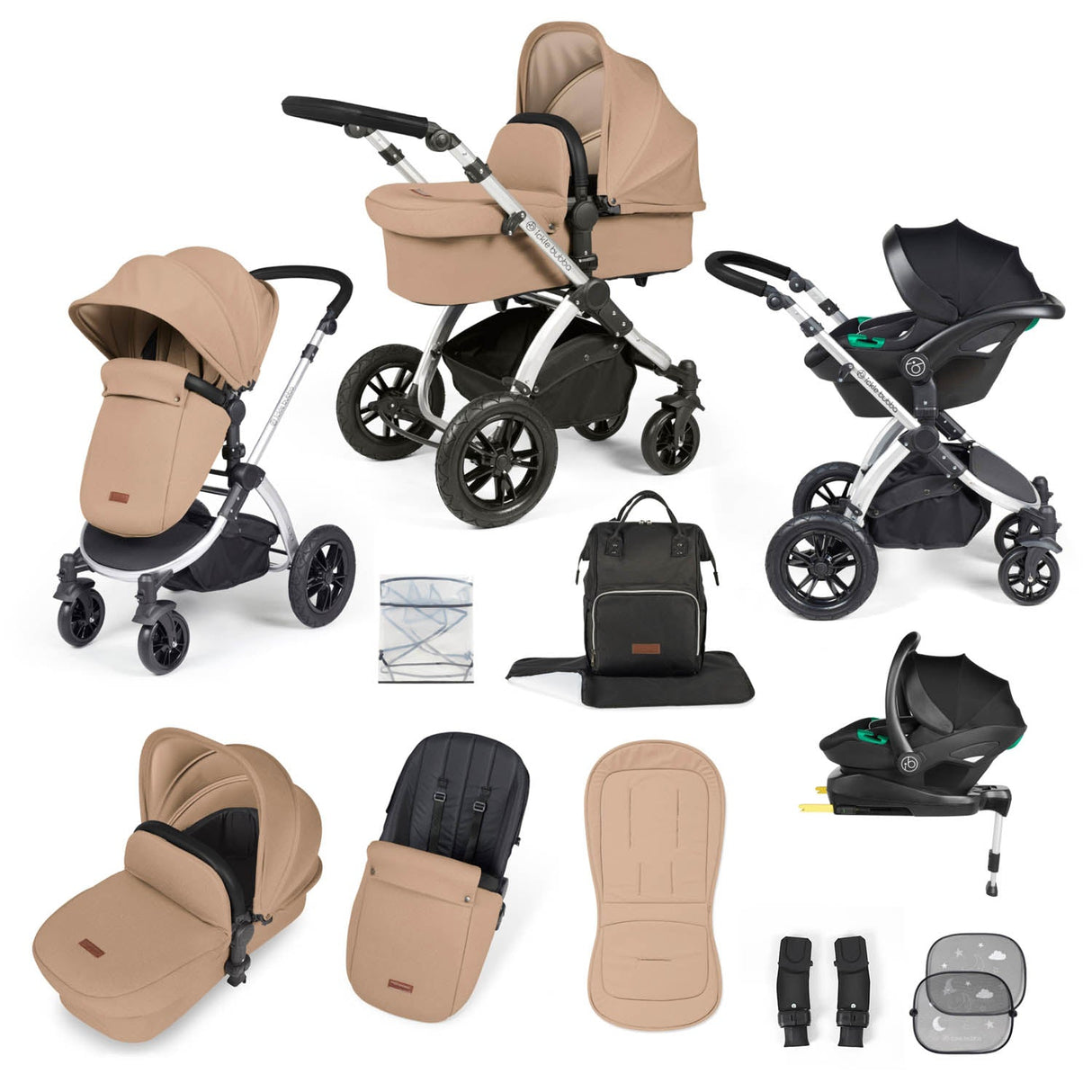 Ickle Bubba Stomp Luxe 12 Piece Travel System with i-Size Stratus Car Seat & Base - Silver/Desert/Black