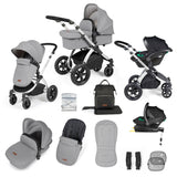 Ickle Bubba Stomp Luxe 12 Piece Travel System with i-Size Stratus Car Seat & Base - Silver/Pearl Grey/Black