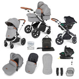 Ickle Bubba Stomp Luxe 12 Piece Travel System with i-Size Stratus Car Seat & Base - Silver/Pearl Grey/Tan