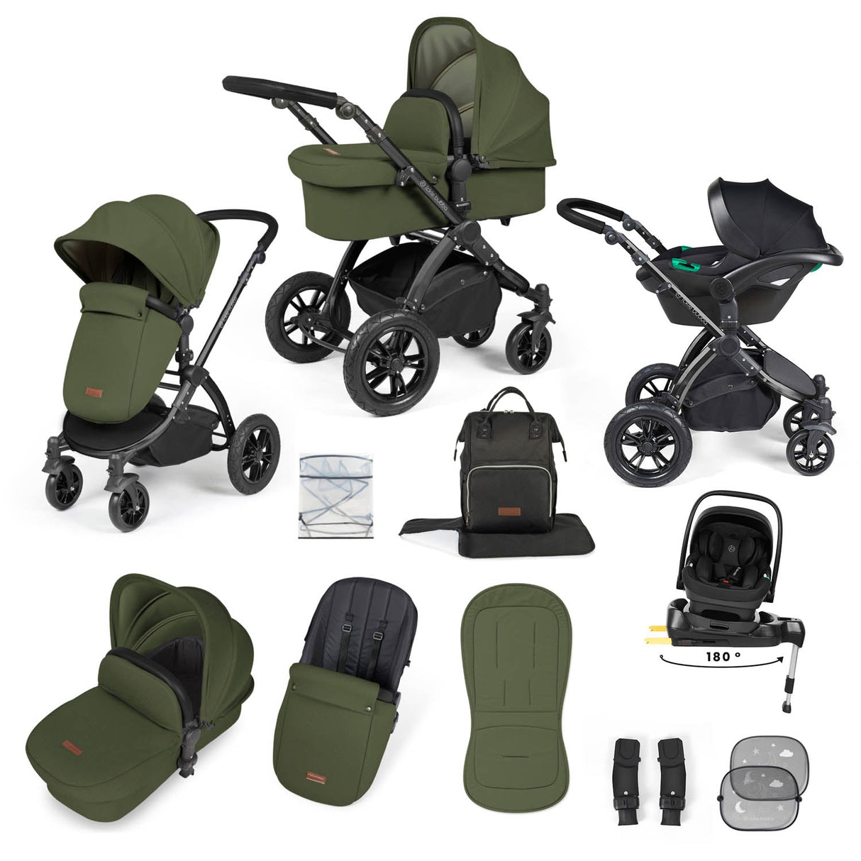 Ickle Bubba Stomp Luxe 12 Piece Travel System with i-Size Nimbus Car Seat & Spin Base - Black/Woodland/Black