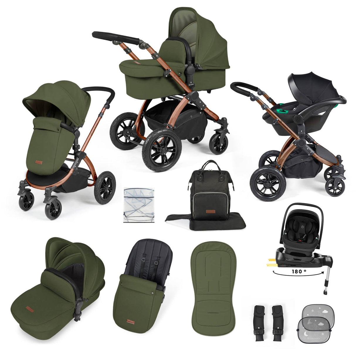 Ickle Bubba Stomp Luxe 12 Piece Travel System with i-Size Nimbus Car Seat & Spin Base - Bronze/Woodland/Black