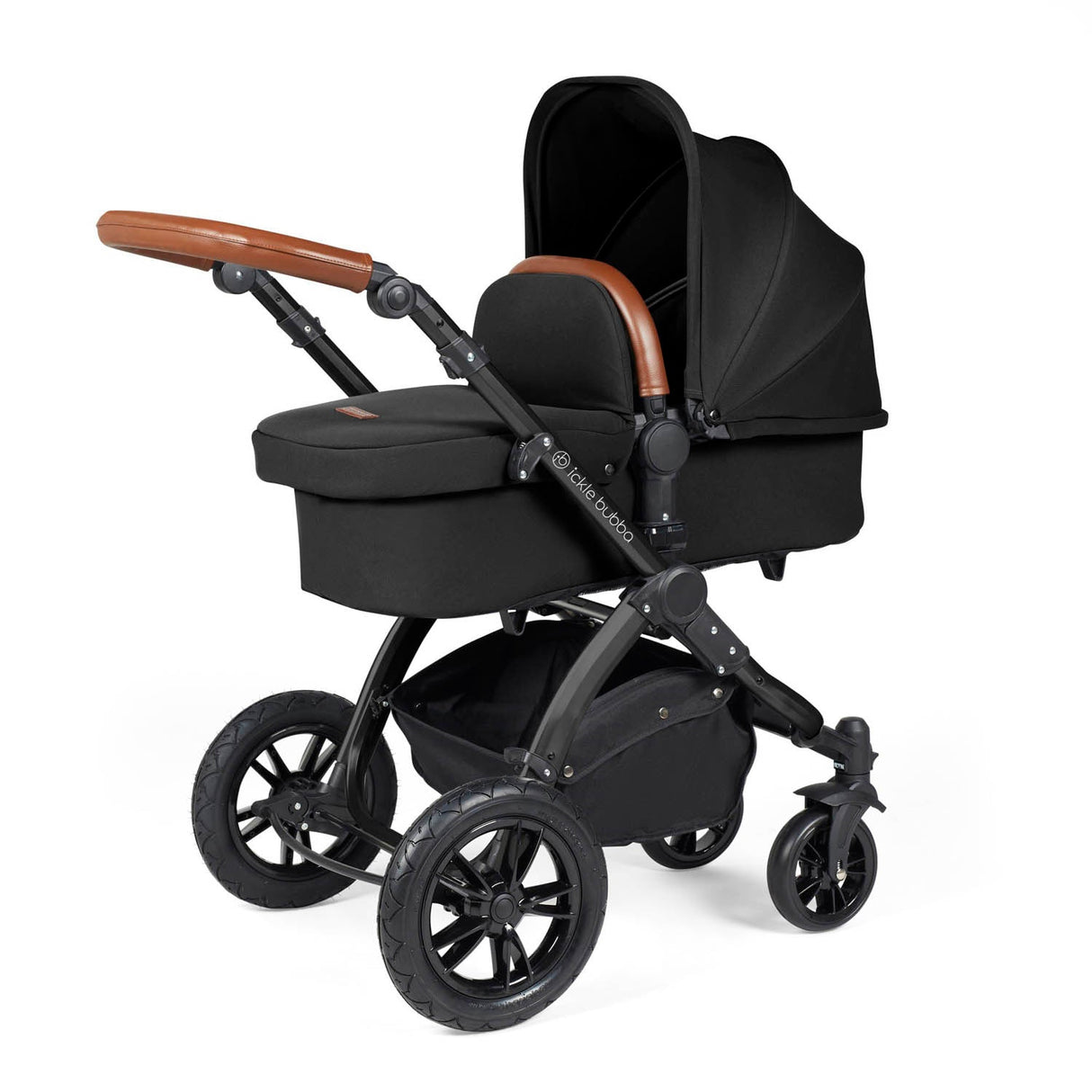 Ickle Bubba Stomp Luxe 12 Piece Travel System with i-Size Nimbus Car Seat & Spin Base - Black/Midnight/Tan