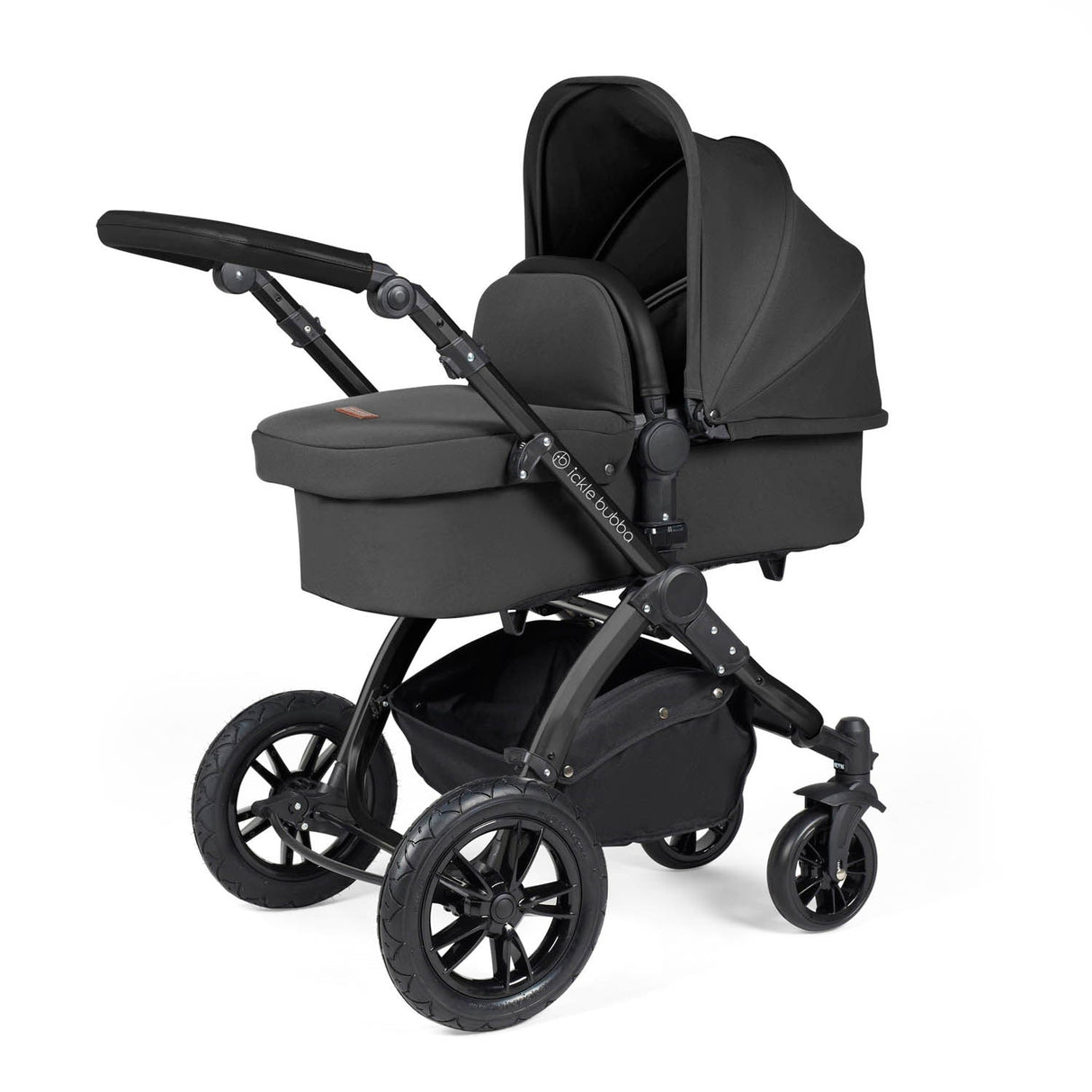 Ickle Bubba Stomp Luxe 12 Piece Travel System with i-Size Nimbus Car Seat & Spin Base - Black/Charcoal Grey/Black