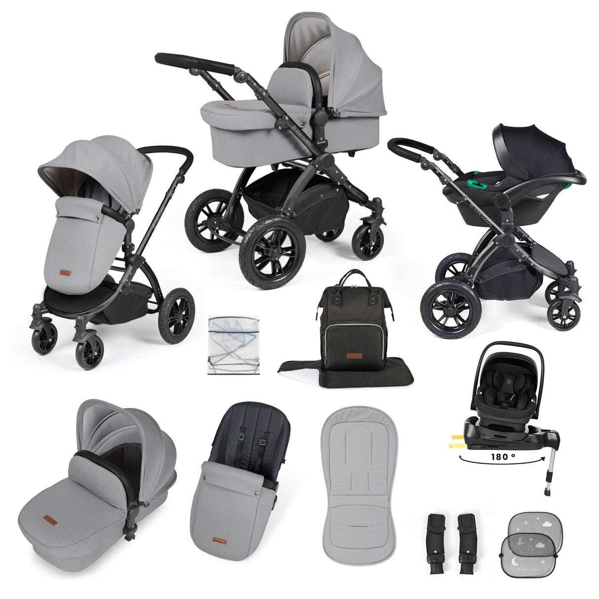 Ickle Bubba Stomp Luxe 12 Piece Travel System with i-Size Nimbus Car Seat & Spin Base - Black/Pearl Grey/Black
