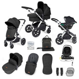 Ickle Bubba Stomp Luxe 12 Piece Travel System with i-Size Nimbus Car Seat & Spin Base - Silver/Midnight/Black