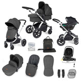 Ickle Bubba Stomp Luxe 12 Piece Travel System with i-Size Nimbus Car Seat & Spin Base - Silver/Charcoal Grey/Black