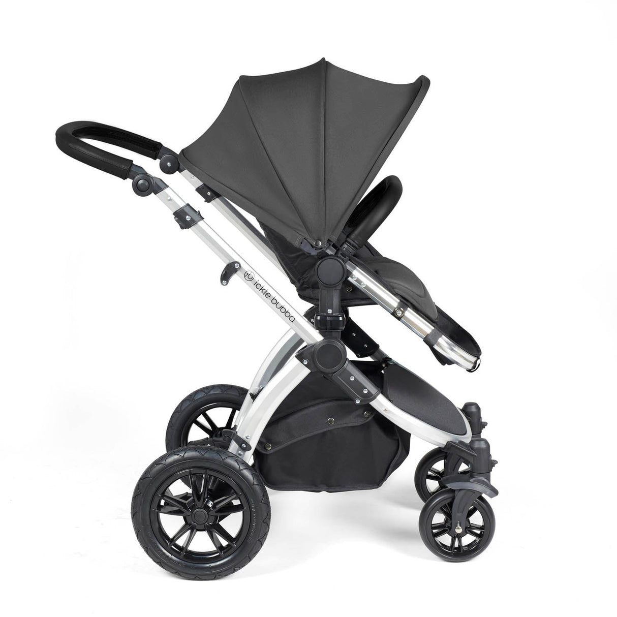 Ickle Bubba Stomp Luxe 12 Piece Travel System with i-Size Nimbus Car Seat & Spin Base - Silver/Charcoal Grey/Black