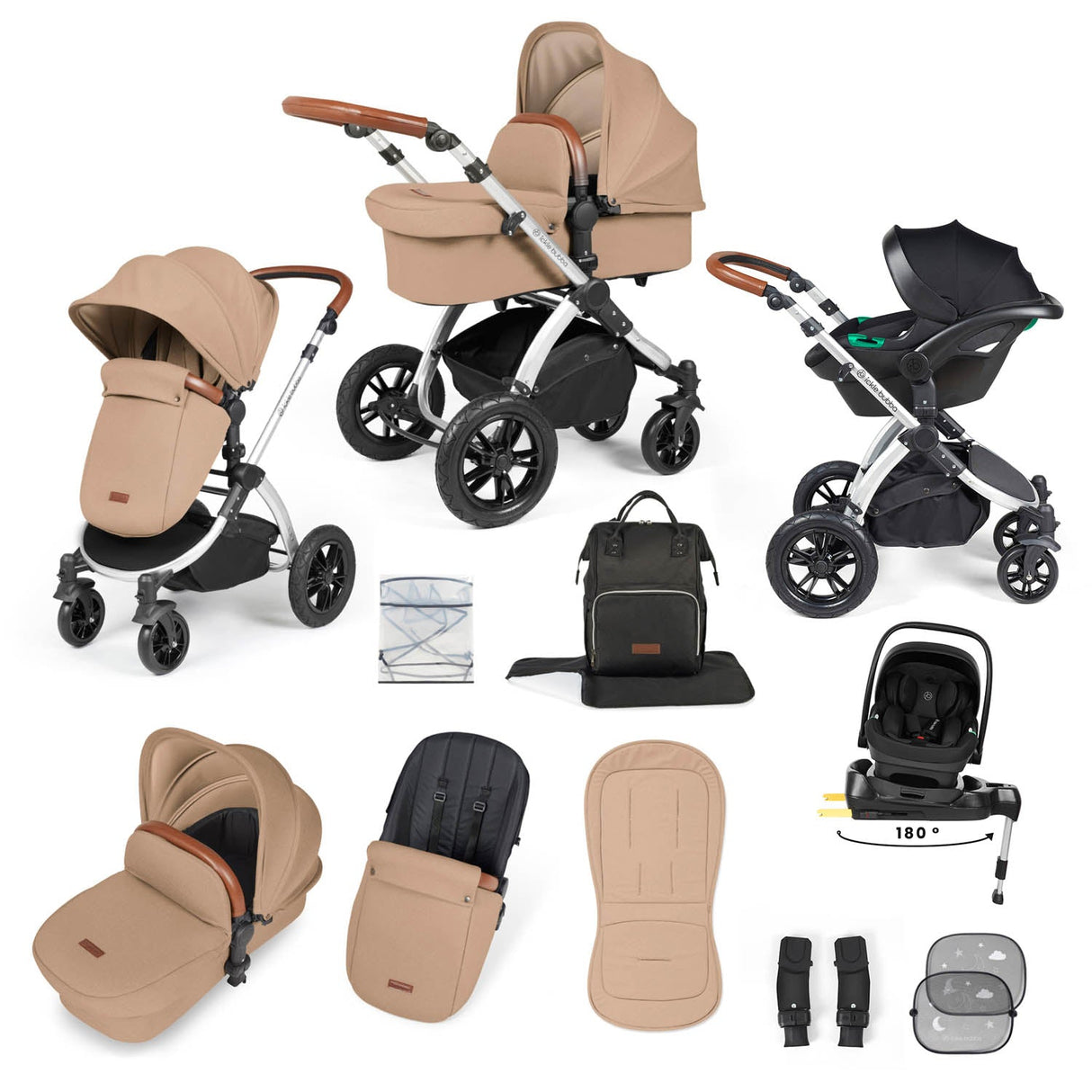 Ickle Bubba Stomp Luxe 12 Piece Travel System with i-Size Nimbus Car Seat & Spin Base - Silver/Desert/Tan