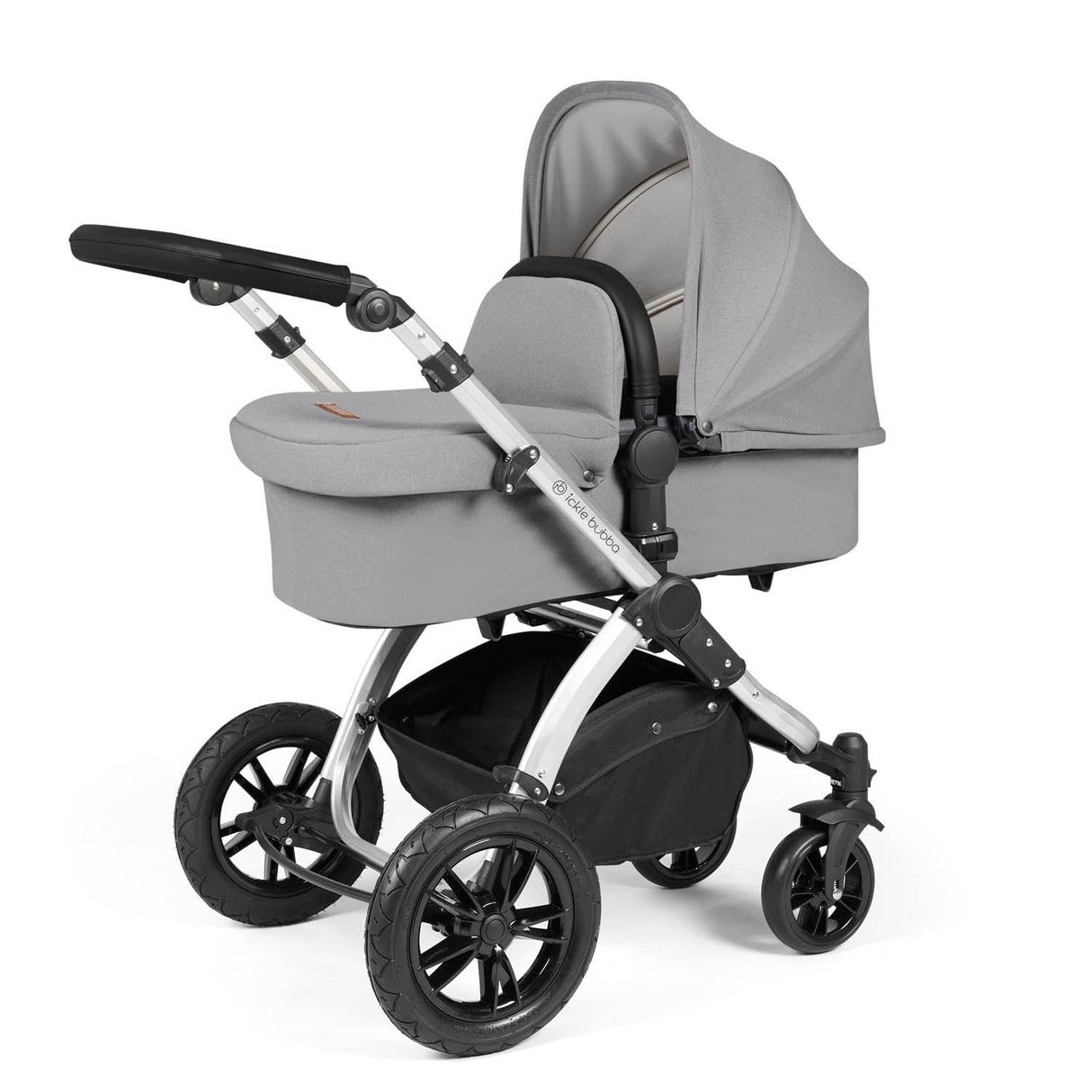 Ickle Bubba Stomp Luxe 12 Piece Travel System with i-Size Nimbus Car Seat & Spin Base - Silver/Pearl Grey/Black