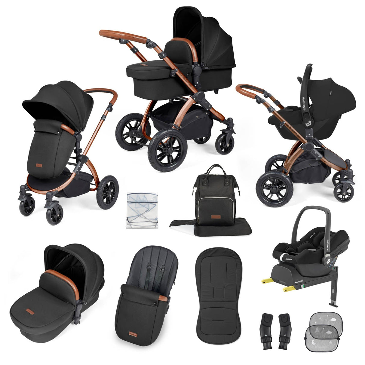 Ickle Bubba Stomp Luxe 12 Piece Travel System with Maxi-Cosi Cabriofix i-Size & Base - Bronze/Midnight/Tan