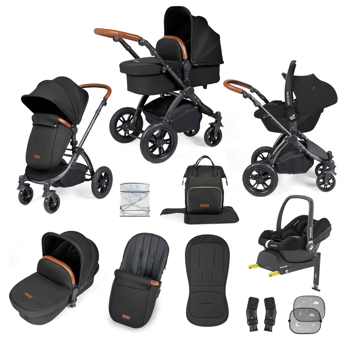 Ickle Bubba Stomp Luxe 12 Piece Travel System with Maxi-Cosi Cabriofix i-Size & Base - Black/Midnight/Tan