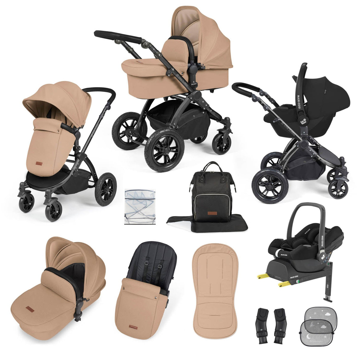 Ickle Bubba Stomp Luxe 12 Piece Travel System with Maxi-Cosi Cabriofix i-Size & Base - Black/Desert/Black