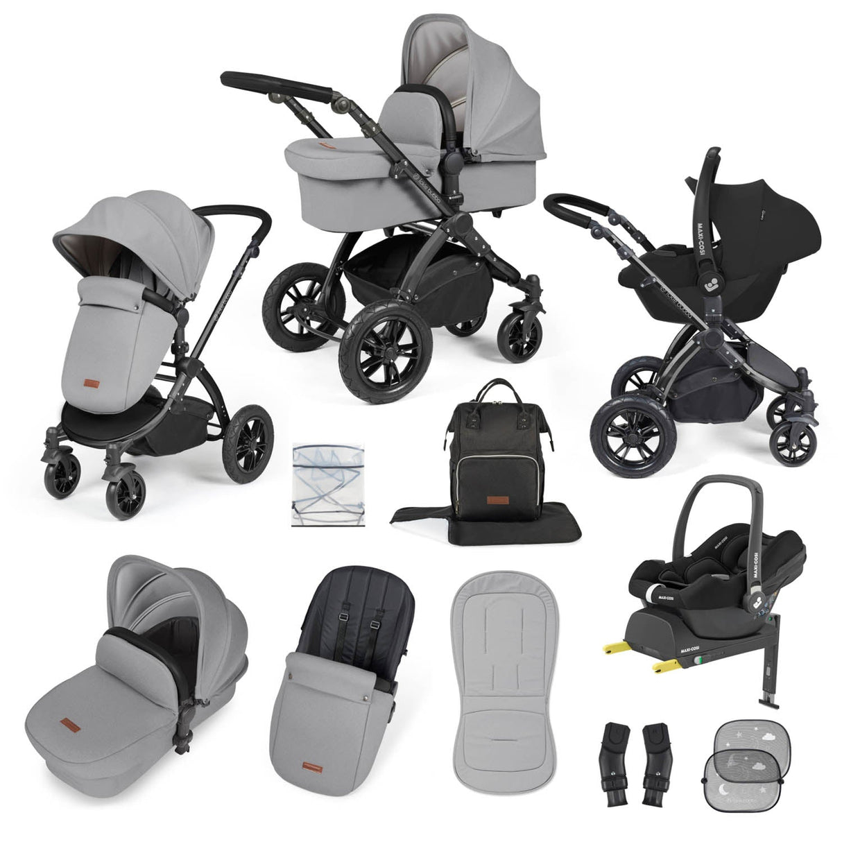 Ickle Bubba Stomp Luxe 12 Piece Travel System with Maxi-Cosi Cabriofix i-Size & Base - Black/Pearl Grey/Black