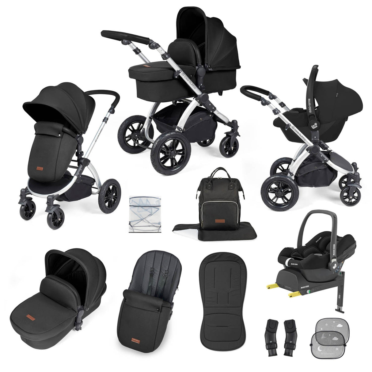 Ickle Bubba Stomp Luxe 12 Piece Travel System with Maxi-Cosi Cabriofix i-Size & Base - Silver/Midnight/Black
