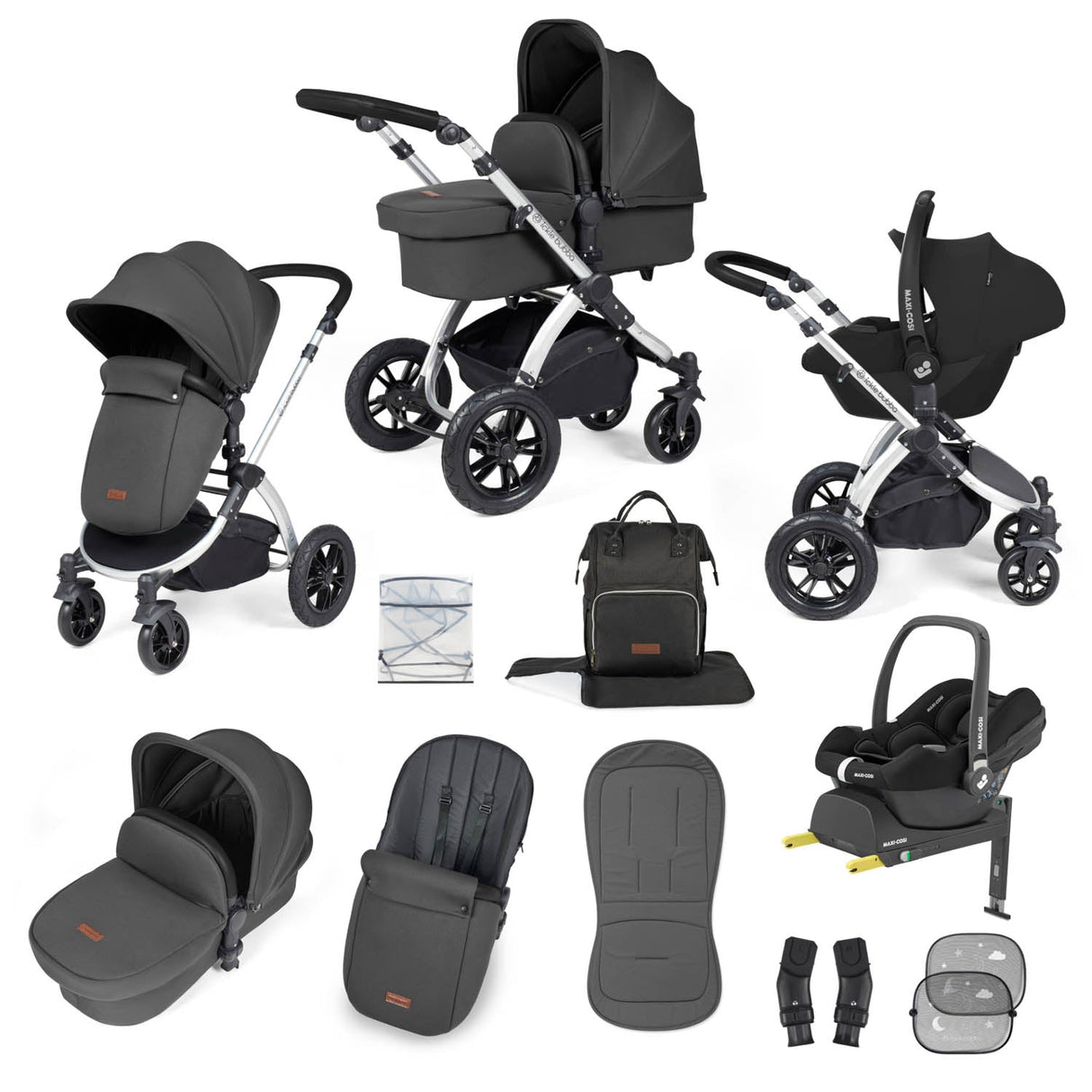 Ickle Bubba Stomp Luxe 12 Piece Travel System with Maxi-Cosi Cabriofix i-Size & Base - Silver/Charcoal Grey/Black