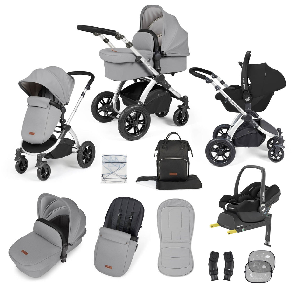 Ickle Bubba Stomp Luxe 12 Piece Travel System with Maxi-Cosi Cabriofix i-Size & Base - Silver/Pearl Grey/Black