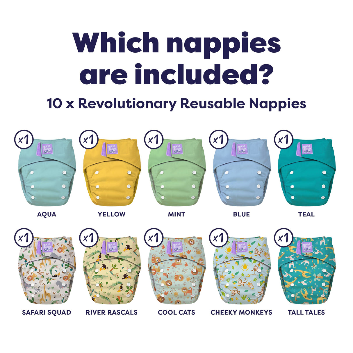 The Essentials Reusable Nappy Bundle in Wild Life + Pastels