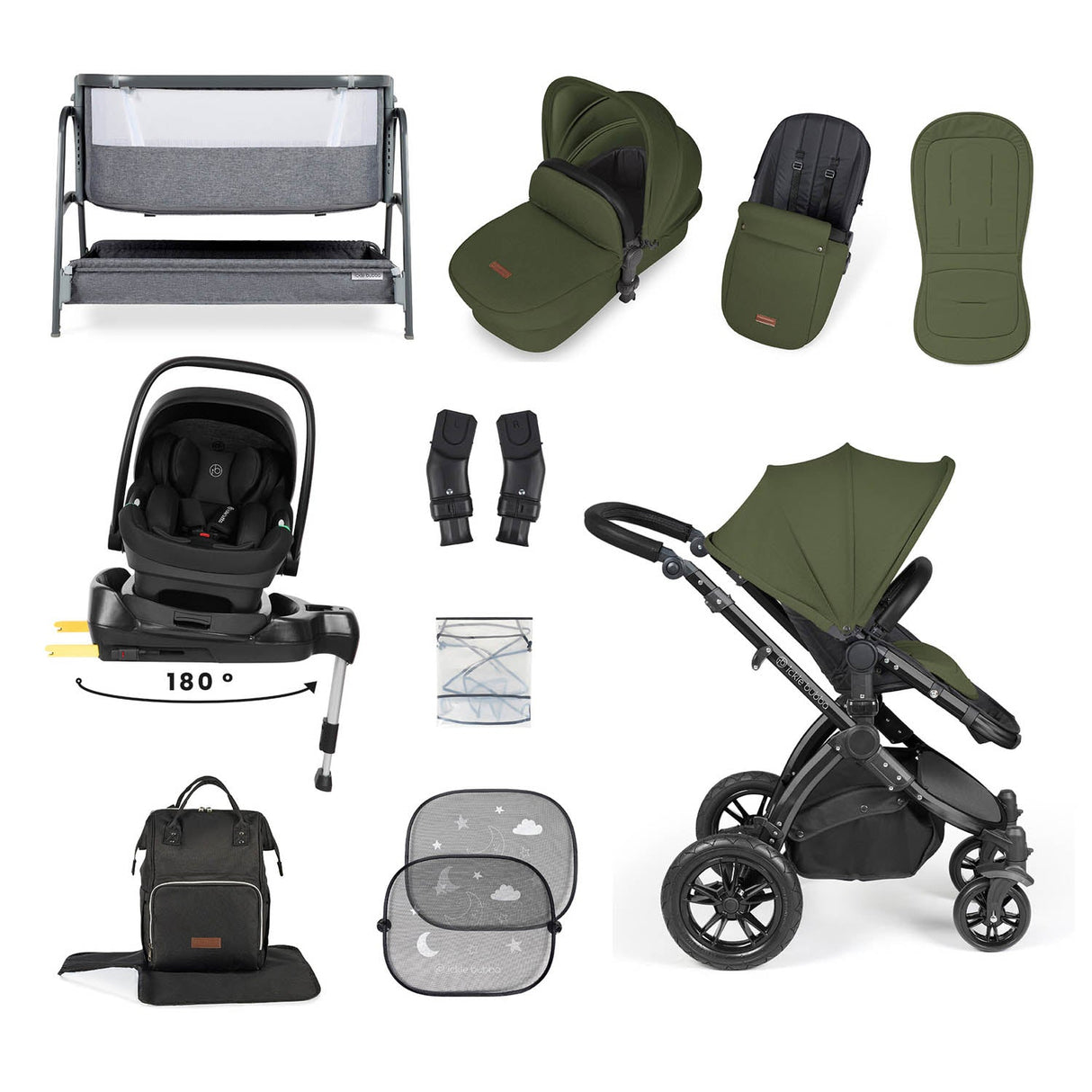 Ickle Bubba Stomp Luxe 14 Piece Nimbus 180° Spin Travel & Home Bundle - Black/Woodland/Black
