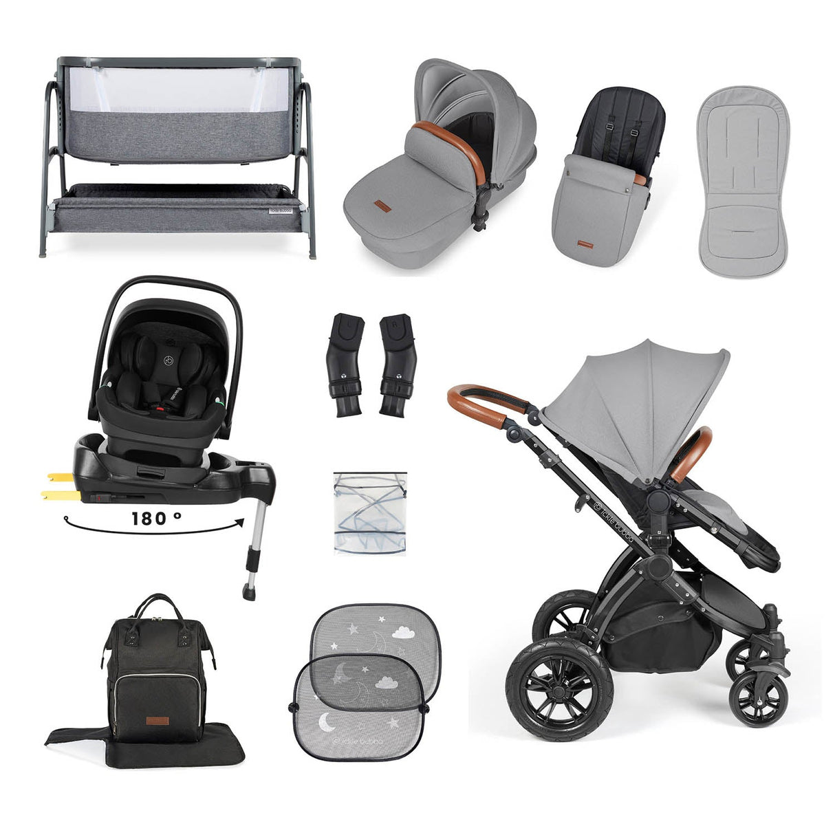 Ickle Bubba Stomp Luxe 14 Piece Nimbus 180° Spin Travel & Home Bundle - Black/Pearl Grey/Tan