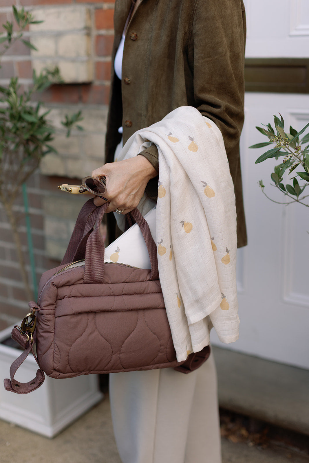 Ralphie Bear Quilted Changing Stroller Bag - Brown/Pears