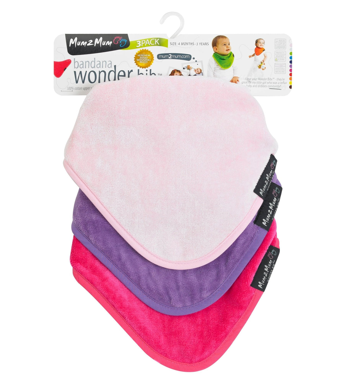 3 PACK - Mum 2 Mum Bandana Style Wonder Bibs - Cerise / Purple / Baby Pink
