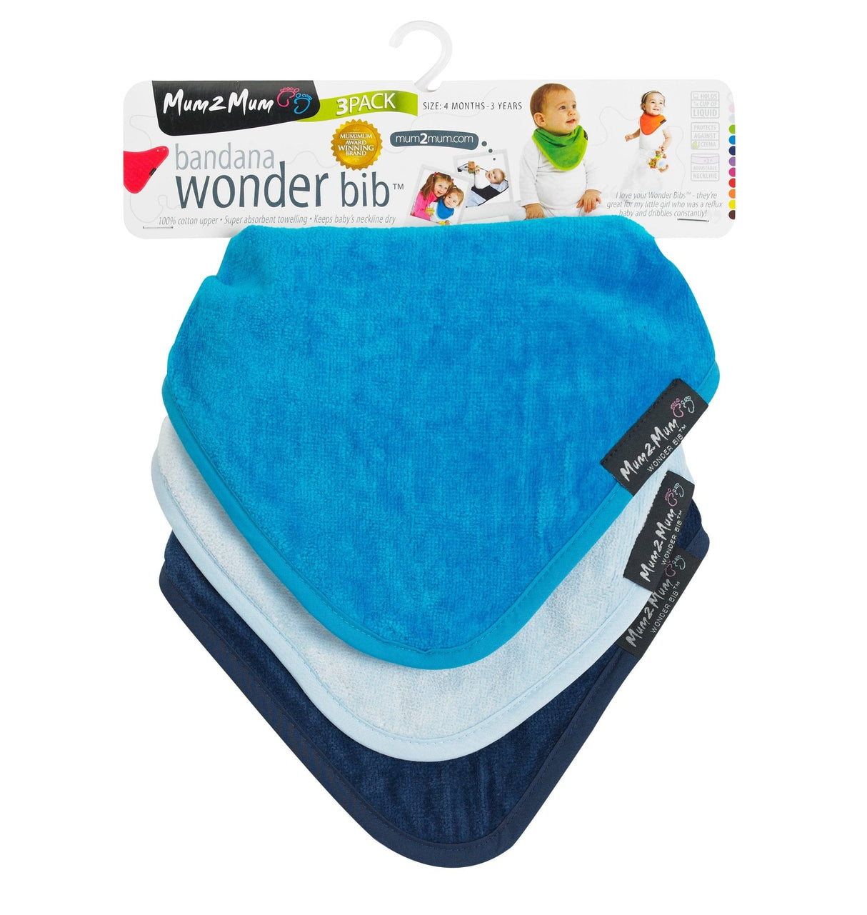 3 PACK - Mum 2 Mum Bandana Style Wonder Bibs - Navy / Baby Blue / Teal