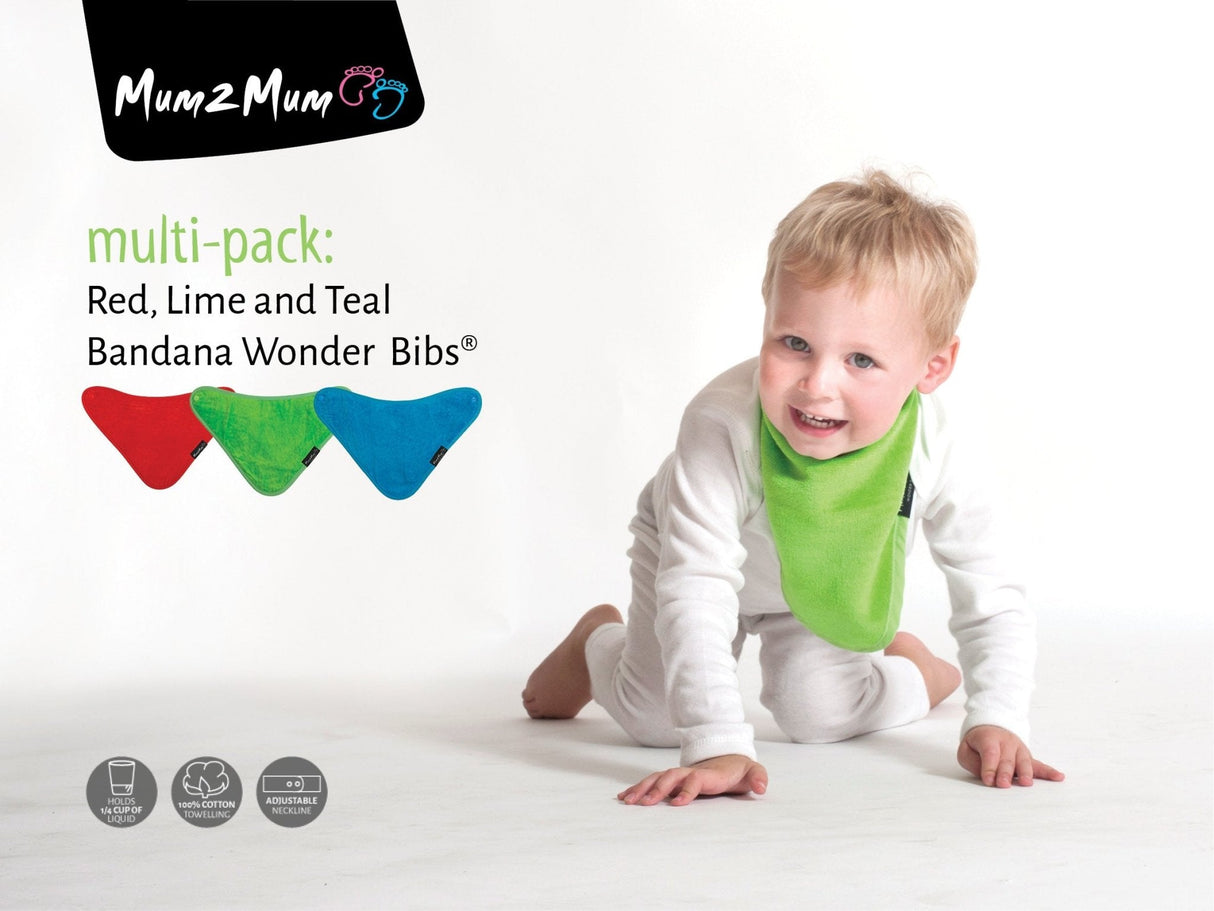 3 PACK - Mum 2 Mum Bandana Style Wonder Bibs - Red / Lime / Teal