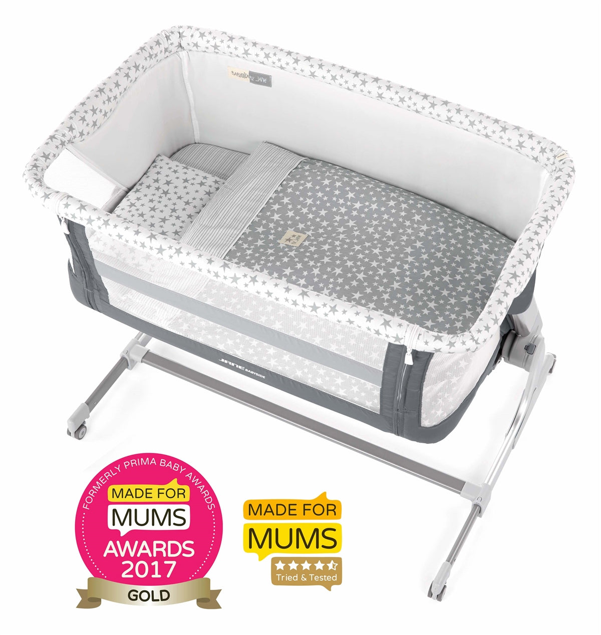 Jane Baby Side Crib + 4 Piece Bedding Set & Safety Mattress, Sesame