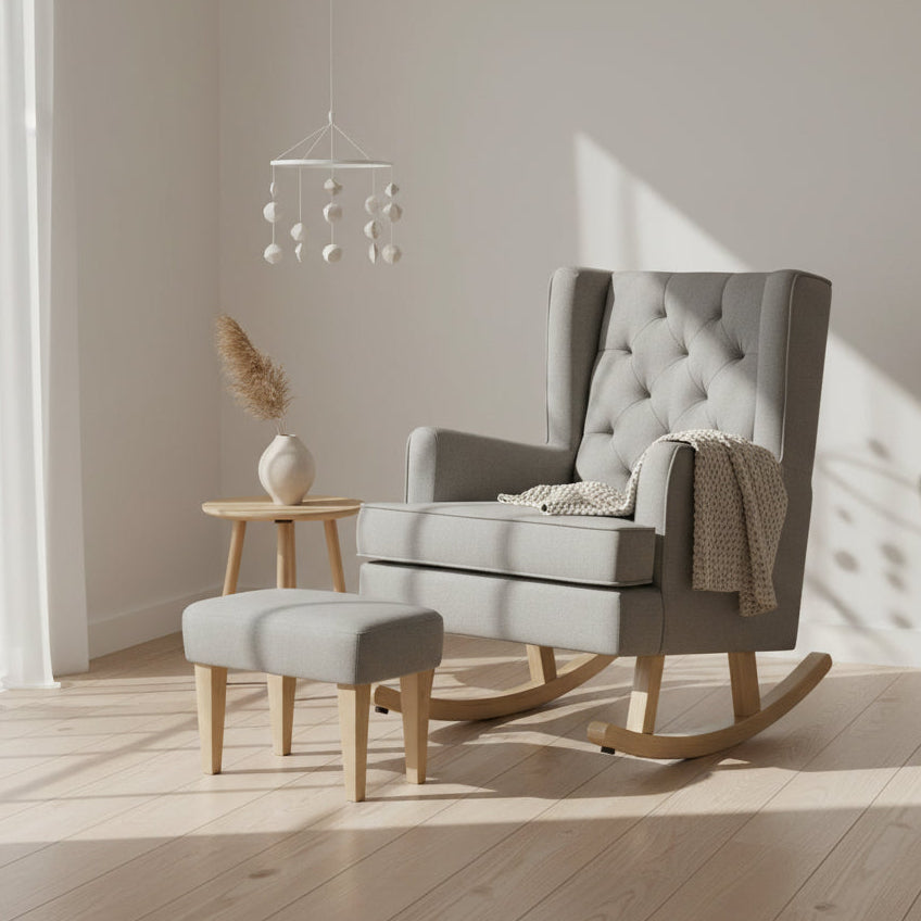 Johnston's Soothe Easy Deluxe Nursing Chair & Rocker with Foot Stool, Grey / Beechwood